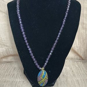 La Vintage Purple Crystal Beaded with Multicolor Pendant Necklace